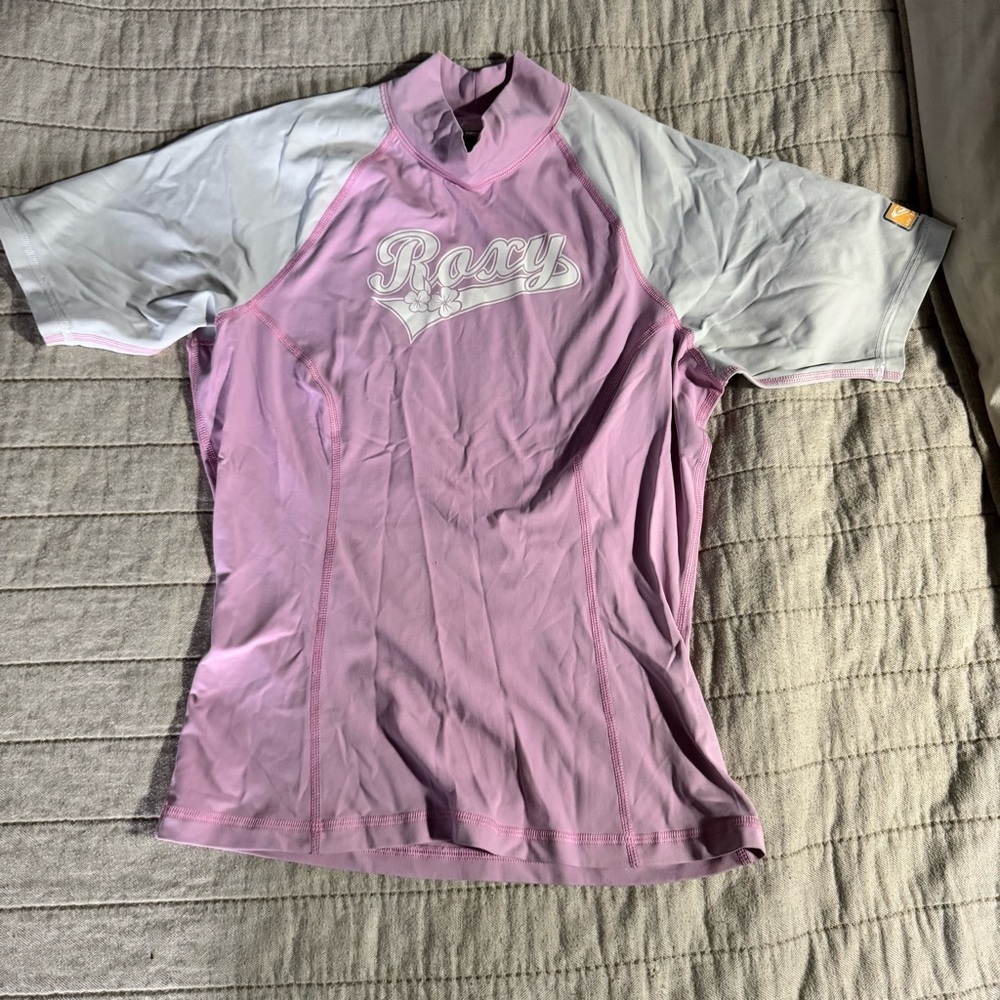 Girls Roxy Pink and Gray Short Sleeve swim top Size XL (16)